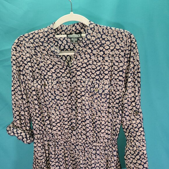 Floral Print Angie Dress Medium 100% Rayon Navy & Cream - Picture 2 of 9